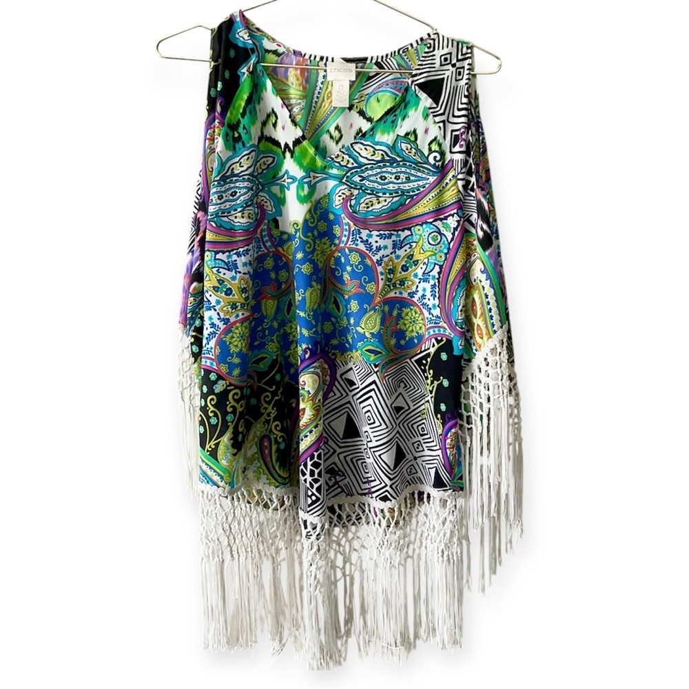 Chico's Multicolor Abstract boho poncho Top with fringe
